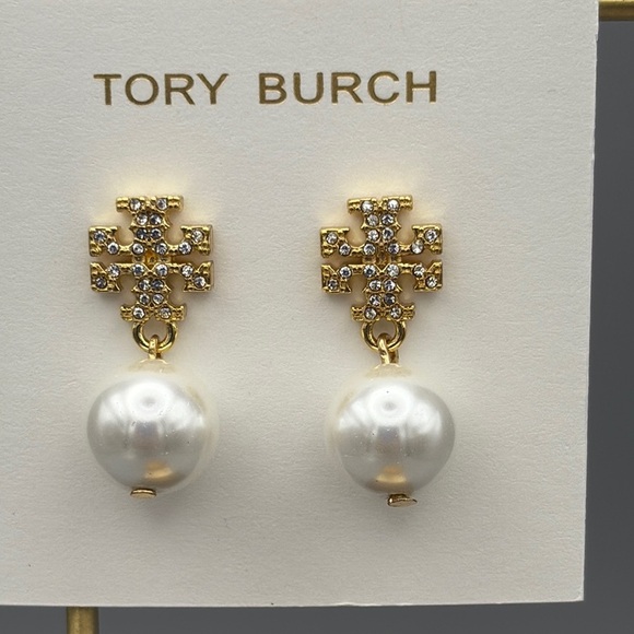 Tory Burch Kira Gold Tone and Crystal Pave Double T stud with Pearl drop - Picture 1 of 4